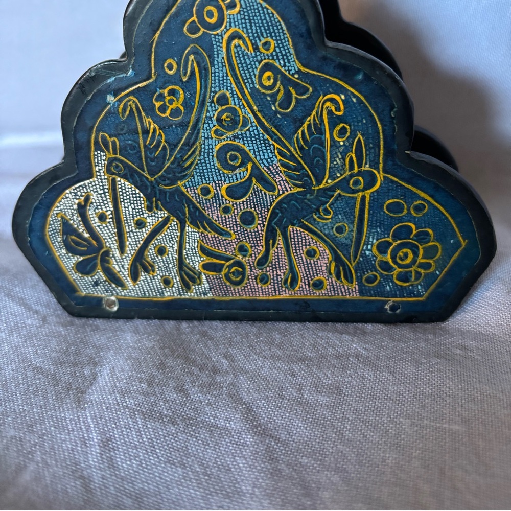 MCM Vintage Laquered Wood Blue Hand Painted Letter /Napkin Holder Desk Organizer